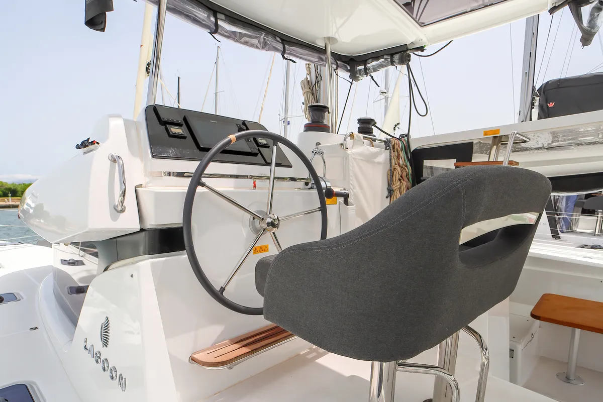 Cockpit of Panella - Premium Line, a Lagoon 42 catamaran at Olbia, Italy