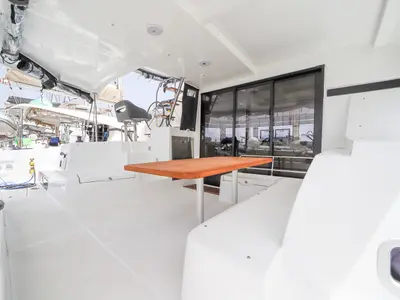 Deck of Panella - Premium Line, a Lagoon 42 catamaran at Olbia, Italy