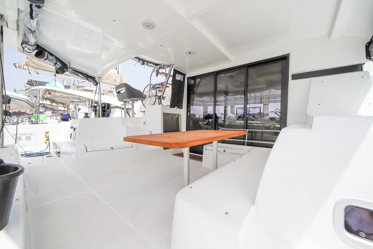 Deck of Panella - Premium Line, a Lagoon 42 catamaran at Olbia, Italy