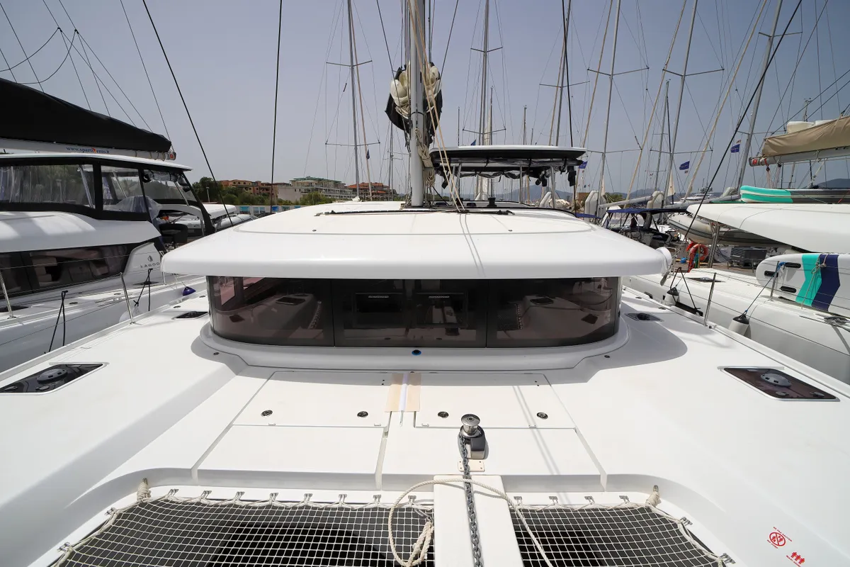 Deck of Panella - Premium Line, a Lagoon 42 catamaran at Olbia, Italy