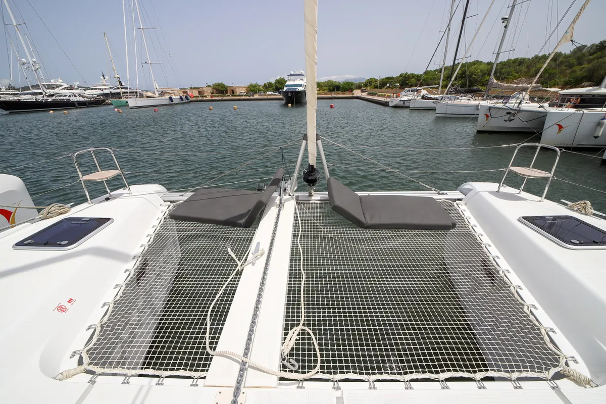 Deck of Panella - Premium Line, a Lagoon 42 catamaran at Olbia, Italy