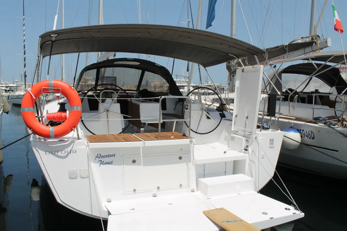 Exterior view of Adventure Planet, a Dufour 460 Grand Large sailboat at Marsala, Italy