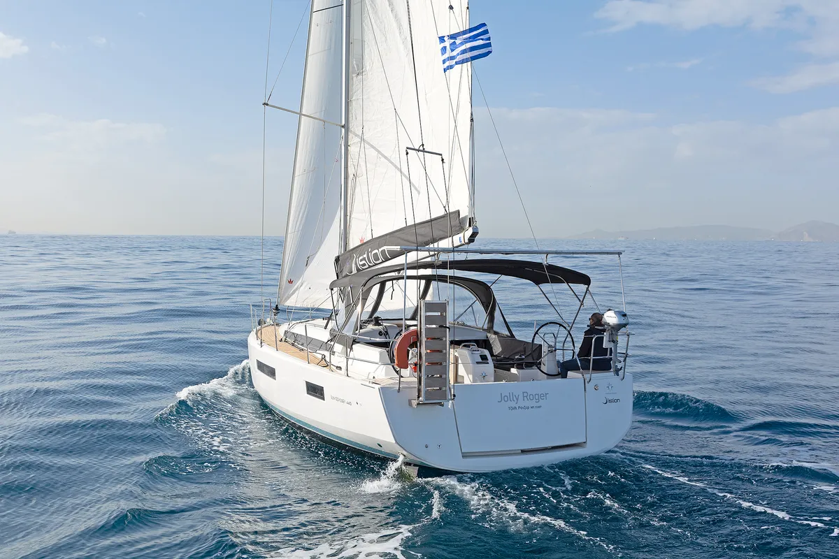 Exterior view of Jolly Roger, a Jeanneau Sun Odyssey 440 sailboat at Athens, Greece