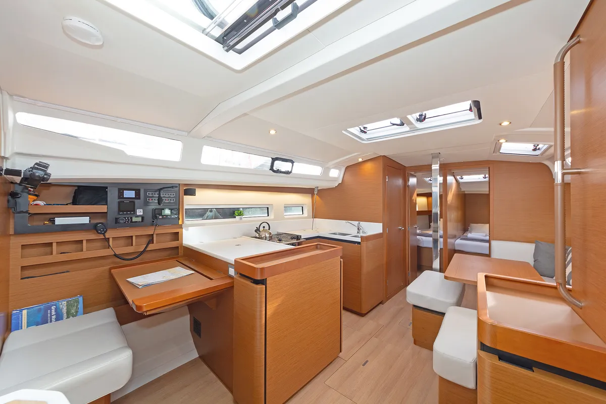 Galley of Jolly Roger, a Jeanneau Sun Odyssey 440 sailboat at Athens, Greece