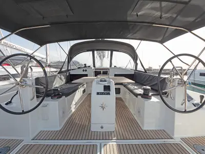 Cockpit of Jolly Roger, a Jeanneau Sun Odyssey 440 sailboat at Athens, Greece
