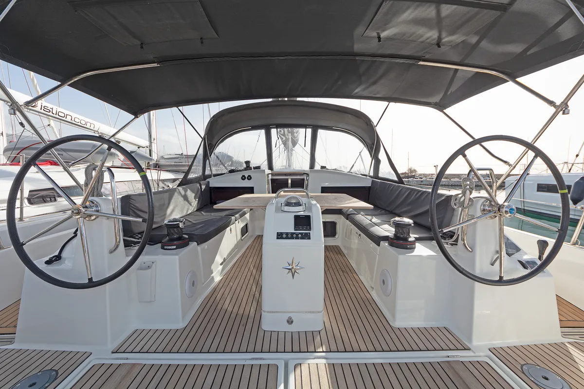 Cockpit of Jolly Roger, a Jeanneau Sun Odyssey 440 sailboat at Athens, Greece