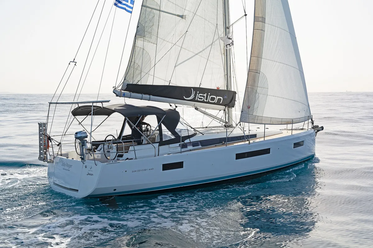 Exterior view of Jolly Roger, a Jeanneau Sun Odyssey 440 sailboat at Athens, Greece