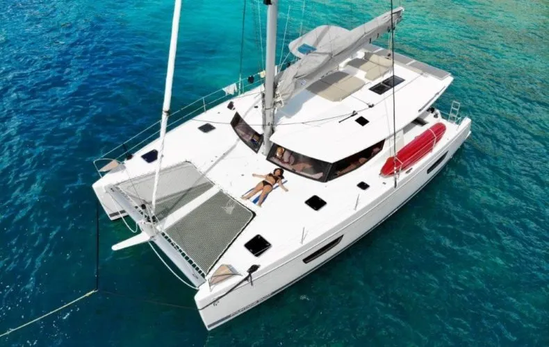 Exterior view of Anila, a Fountaine Pajot Helia 44 catamaran at Road Town, British Virgin Islands