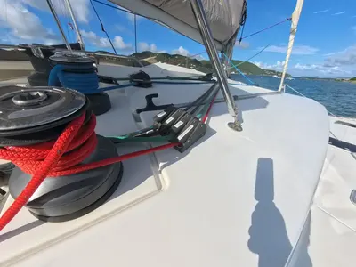 Deck of Anila, a Fountaine Pajot Helia 44 catamaran at Road Town, British Virgin Islands