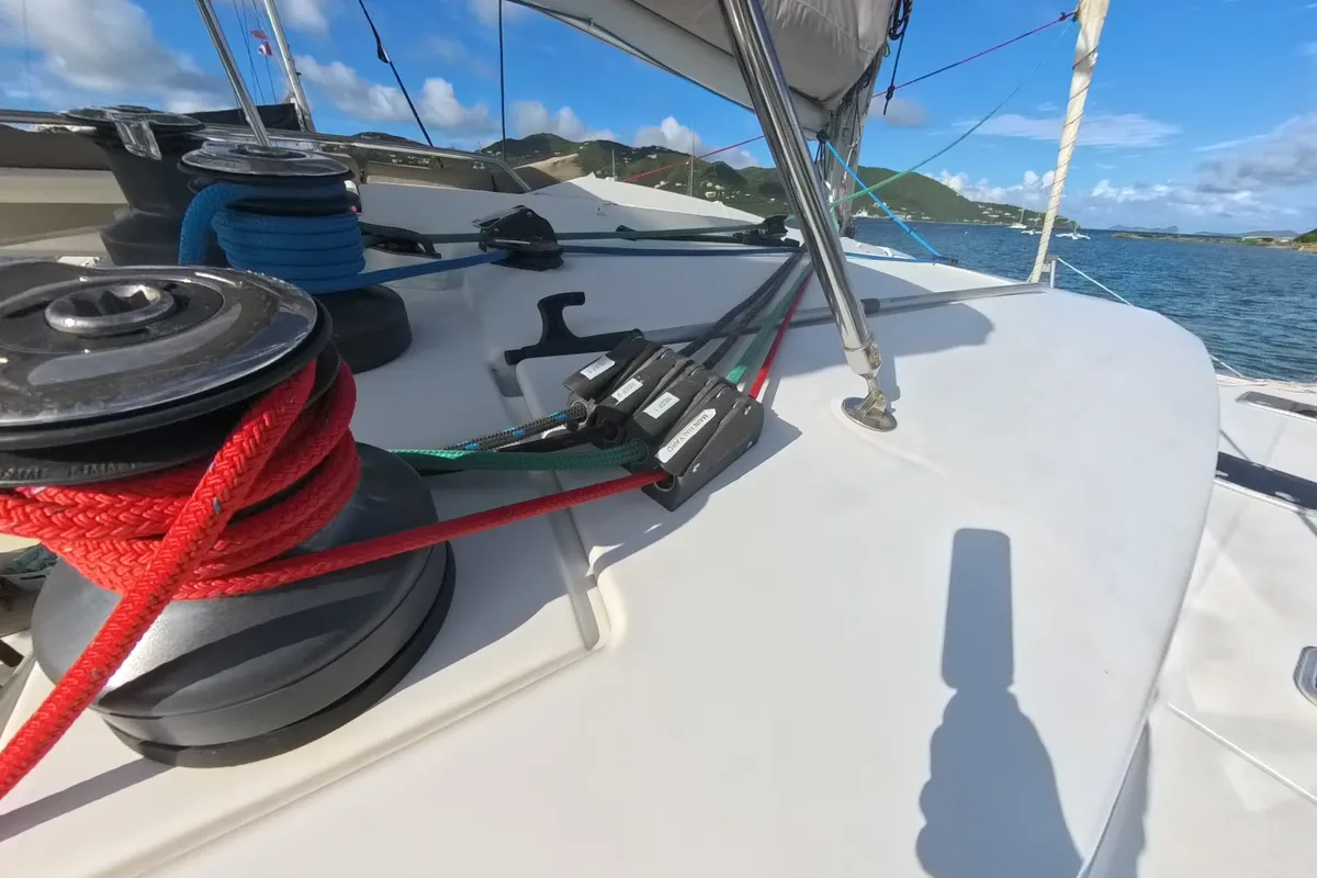 Deck of Anila, a Fountaine Pajot Helia 44 catamaran at Road Town, British Virgin Islands