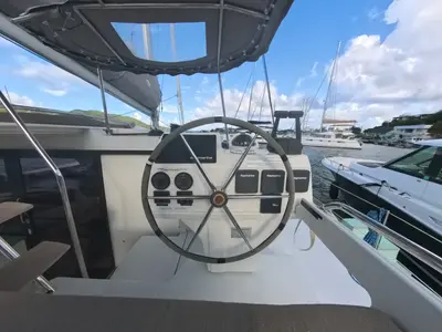 Cockpit of Anila, a Fountaine Pajot Helia 44 catamaran at Road Town, British Virgin Islands