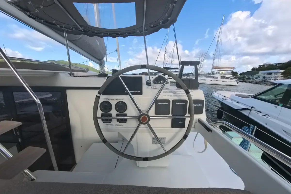 Cockpit of Anila, a Fountaine Pajot Helia 44 catamaran at Road Town, British Virgin Islands
