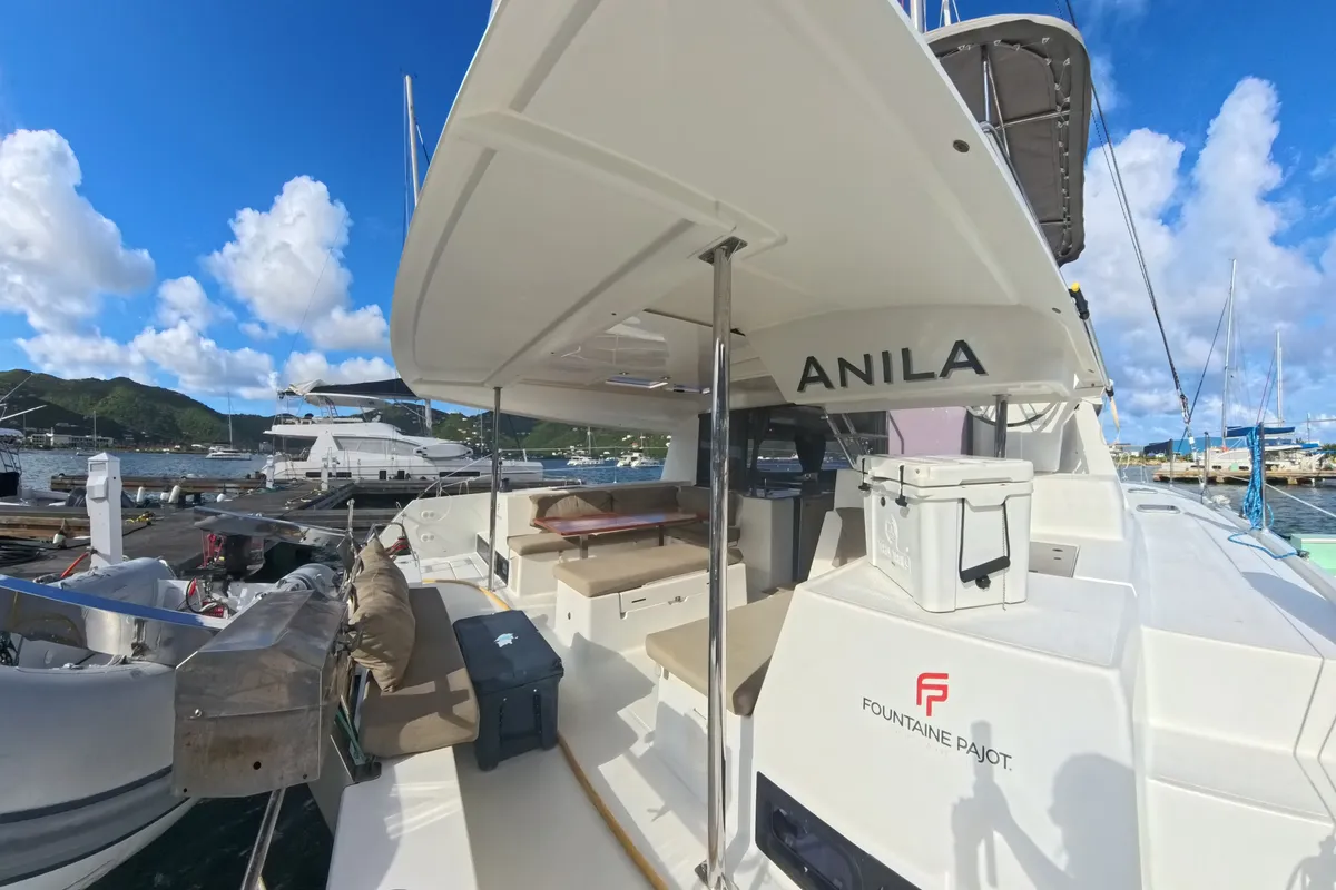 Deck of Anila, a Fountaine Pajot Helia 44 catamaran at Road Town, British Virgin Islands