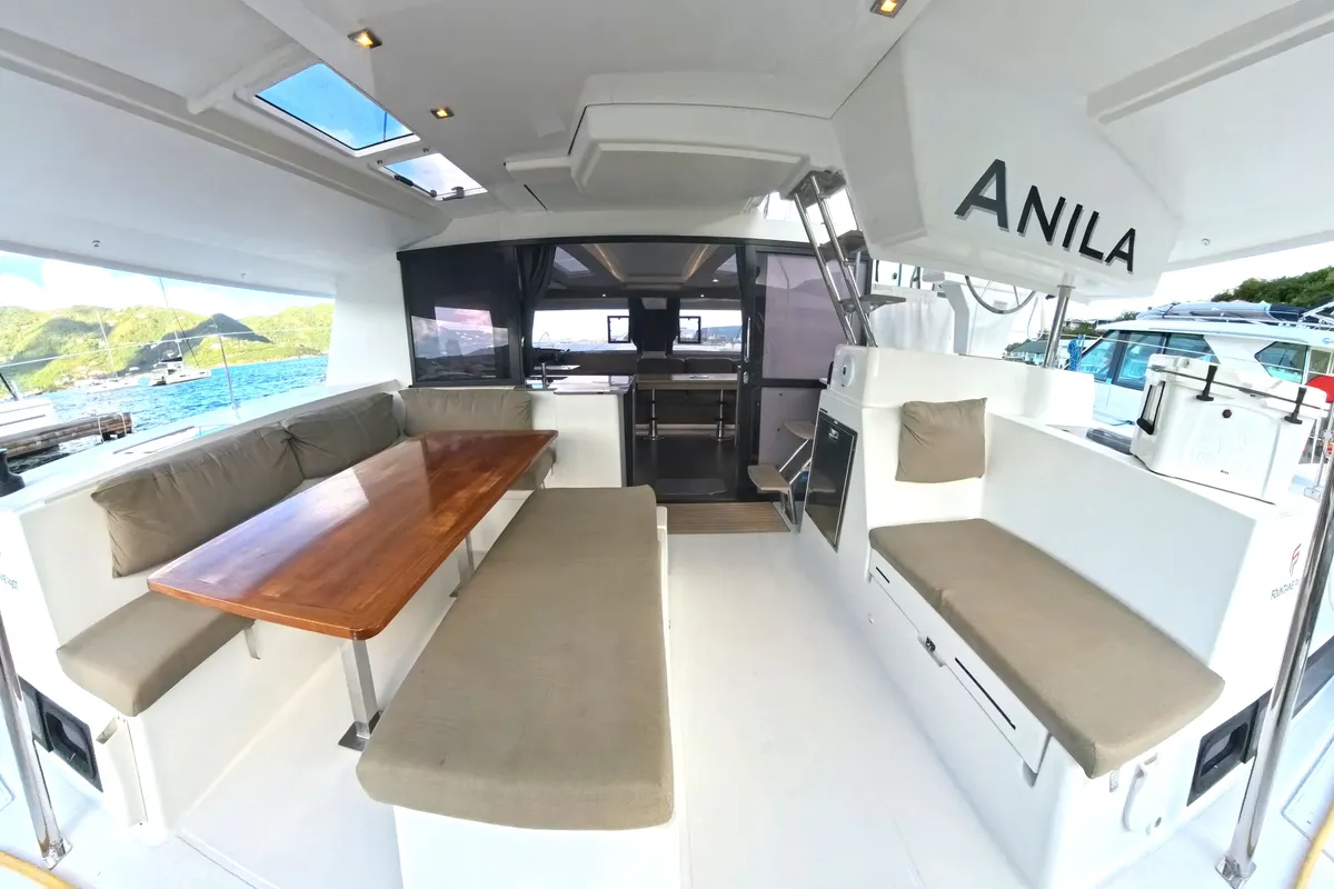 Deck of Anila, a Fountaine Pajot Helia 44 catamaran at Road Town, British Virgin Islands