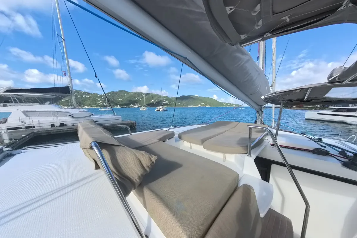 Deck of Anila, a Fountaine Pajot Helia 44 catamaran at Road Town, British Virgin Islands