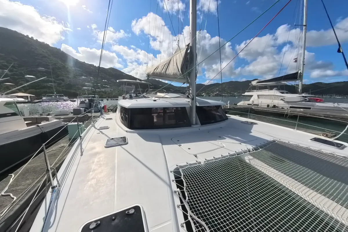 Deck of Anila, a Fountaine Pajot Helia 44 catamaran at Road Town, British Virgin Islands