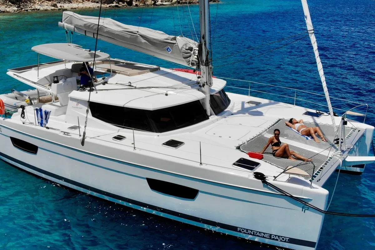 Exterior view of Anila, a Fountaine Pajot Helia 44 catamaran at Road Town, British Virgin Islands