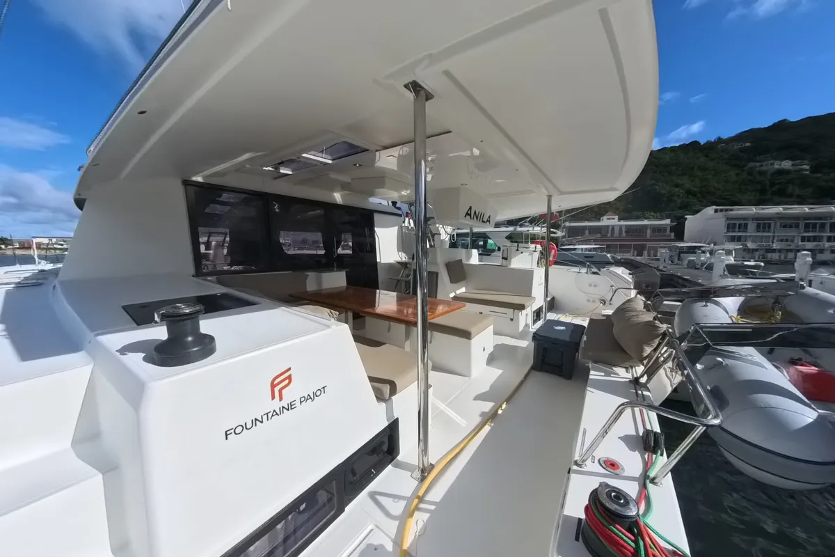 Deck of Anila, a Fountaine Pajot Helia 44 catamaran at Road Town, British Virgin Islands