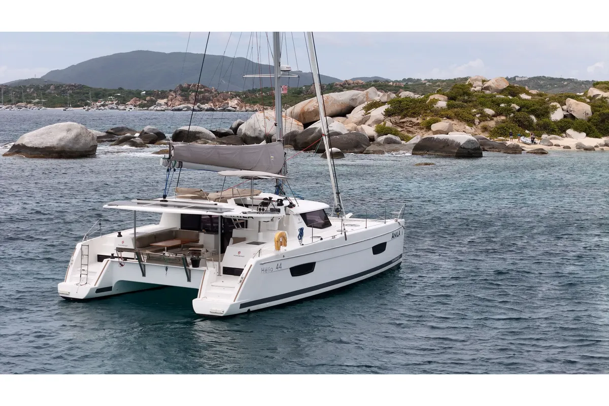 Exterior view of Anila, a Fountaine Pajot Helia 44 catamaran at Road Town, British Virgin Islands