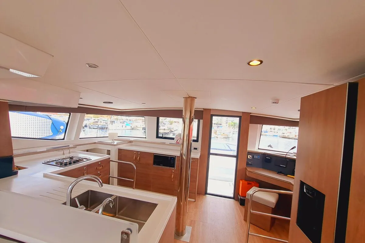 Galley of Cancelli del Cielo, a Bali 4.6 catamaran at Sant Antoni de Portmany, Spain