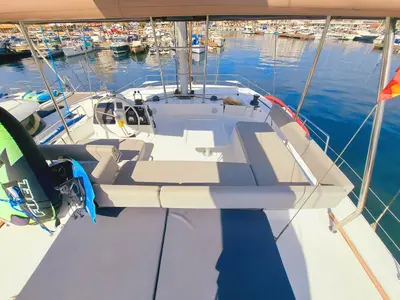 Cockpit of Cancelli del Cielo, a Bali 4.6 catamaran at Sant Antoni de Portmany, Spain