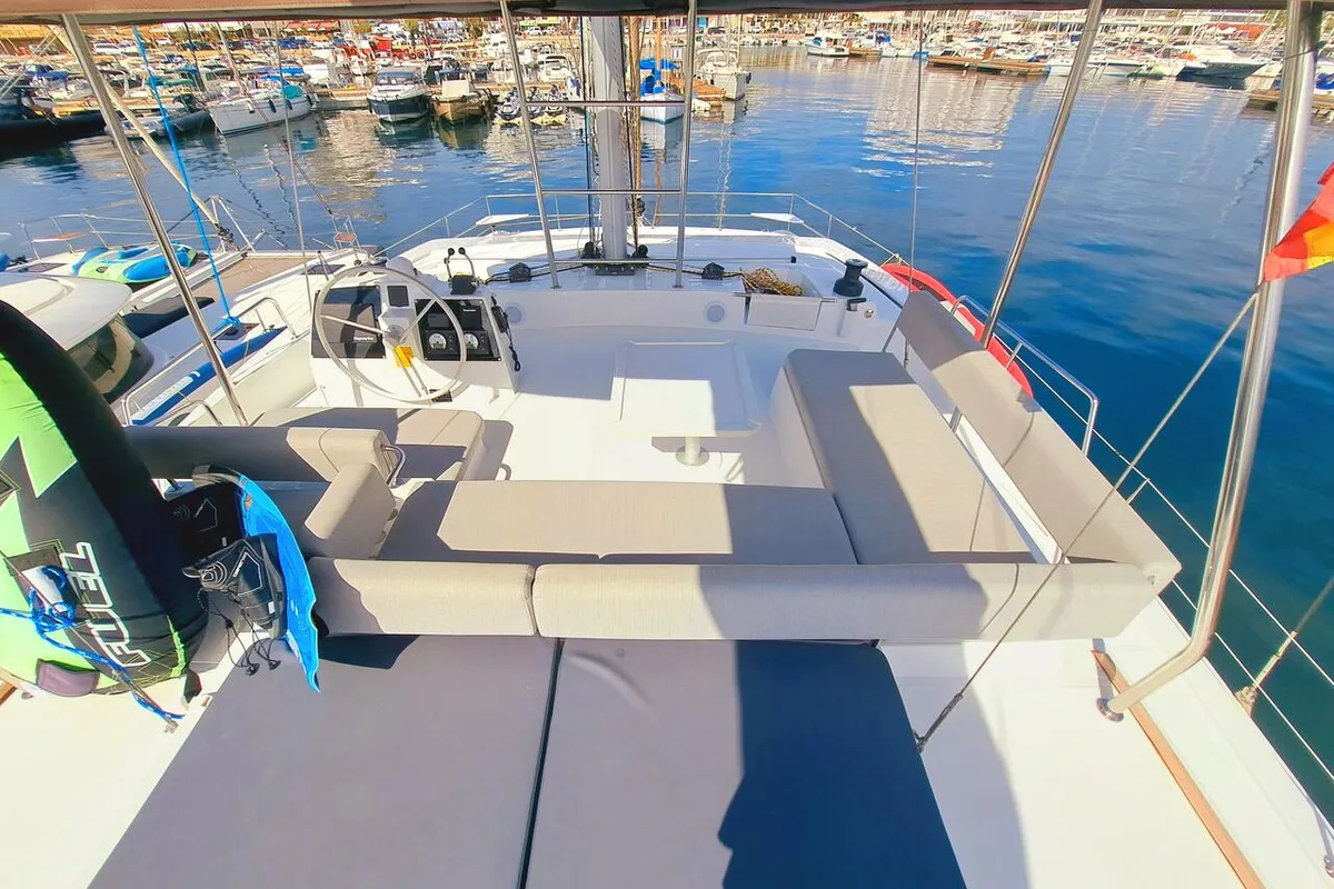 Cockpit of Cancelli del Cielo, a Bali 4.6 catamaran at Sant Antoni de Portmany, Spain