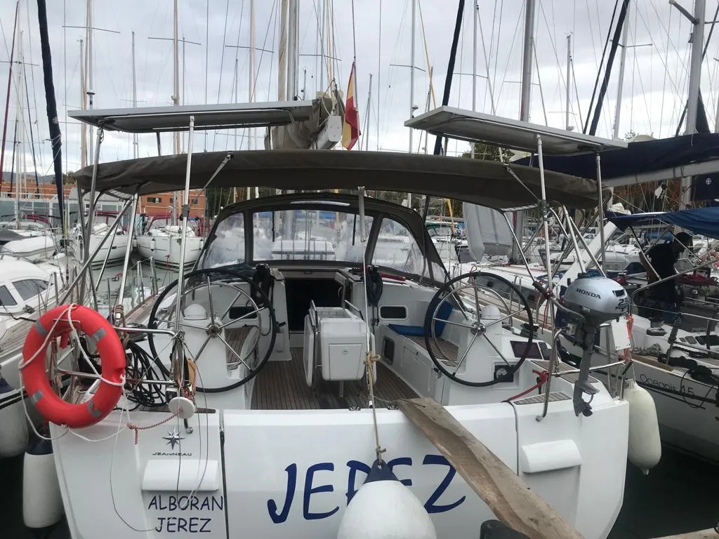 Cockpit of Alboran Jerez (Las Galletas), a Jeanneau Sun Odyssey 519 sailboat at Elephant Butte Estates, United States