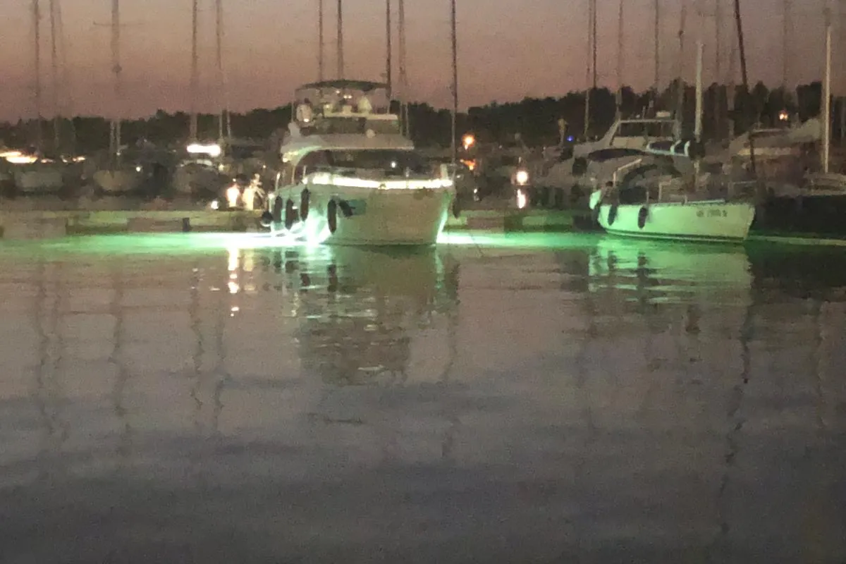 Exterior view of CALENI, a Bavaria Virtess 420 Fly motorboat at Grad Šibenik, Croatia