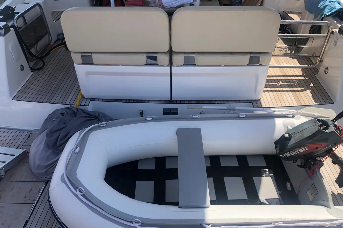 Deck of CALENI, a Bavaria Virtess 420 Fly motorboat at Grad Šibenik, Croatia