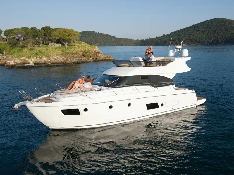 Exterior view of CALENI, a Bavaria Virtess 420 Fly motorboat at Grad Šibenik, Croatia