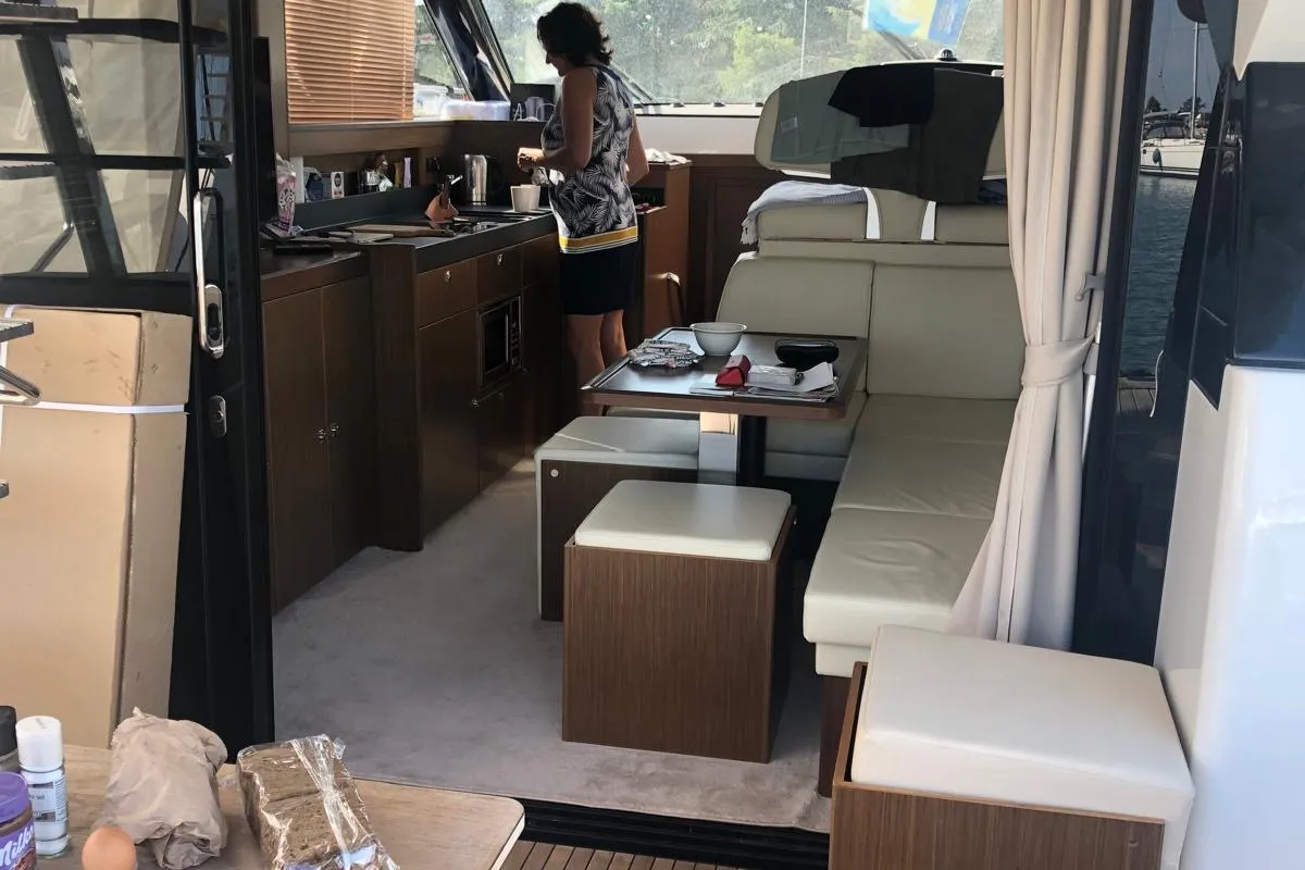 Galley of CALENI, a Bavaria Virtess 420 Fly motorboat at Grad Šibenik, Croatia