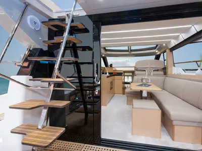 Salon of CALENI, a Bavaria Virtess 420 Fly motorboat at Grad Šibenik, Croatia
