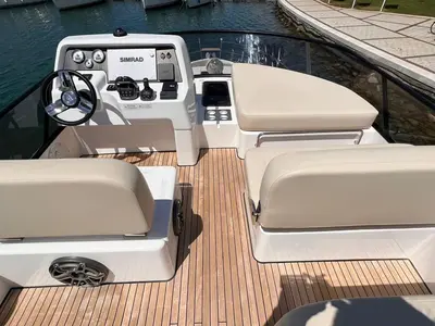 Cockpit of CALENI, a Bavaria Virtess 420 Fly motorboat at Grad Šibenik, Croatia