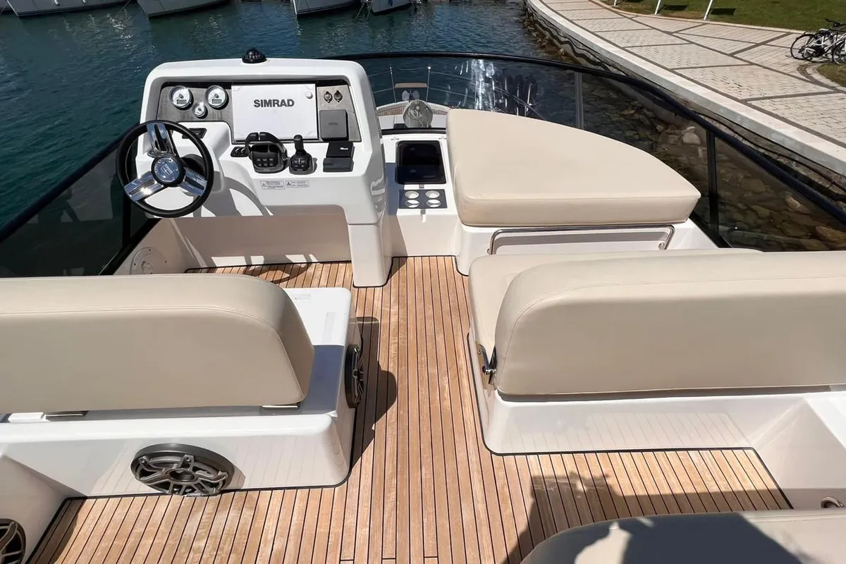 Cockpit of CALENI, a Bavaria Virtess 420 Fly motorboat at Grad Šibenik, Croatia