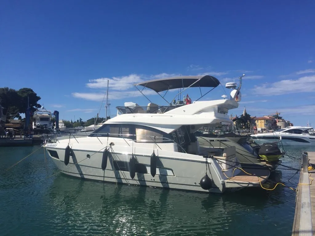 Exterior view of CALENI, a Bavaria Virtess 420 Fly motorboat at Grad Šibenik, Croatia