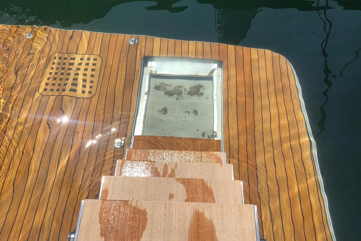 Deck of CALENI, a Bavaria Virtess 420 Fly motorboat at Grad Šibenik, Croatia