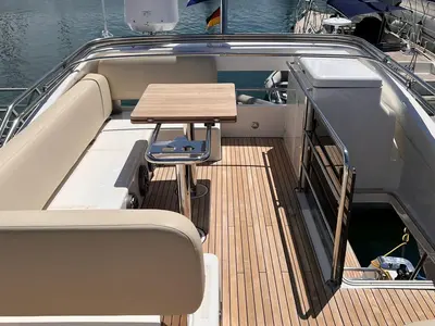 Deck of CALENI, a Bavaria Virtess 420 Fly motorboat at Grad Šibenik, Croatia