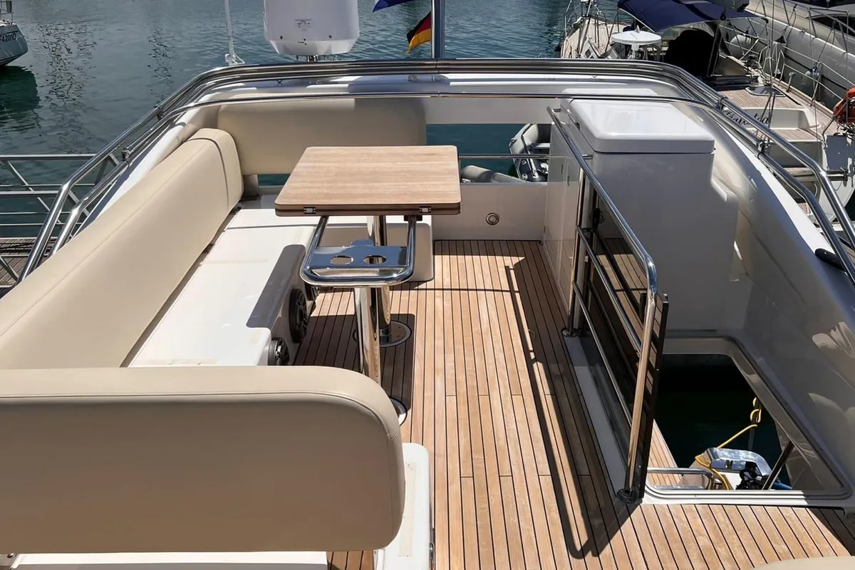 Deck of CALENI, a Bavaria Virtess 420 Fly motorboat at Grad Šibenik, Croatia