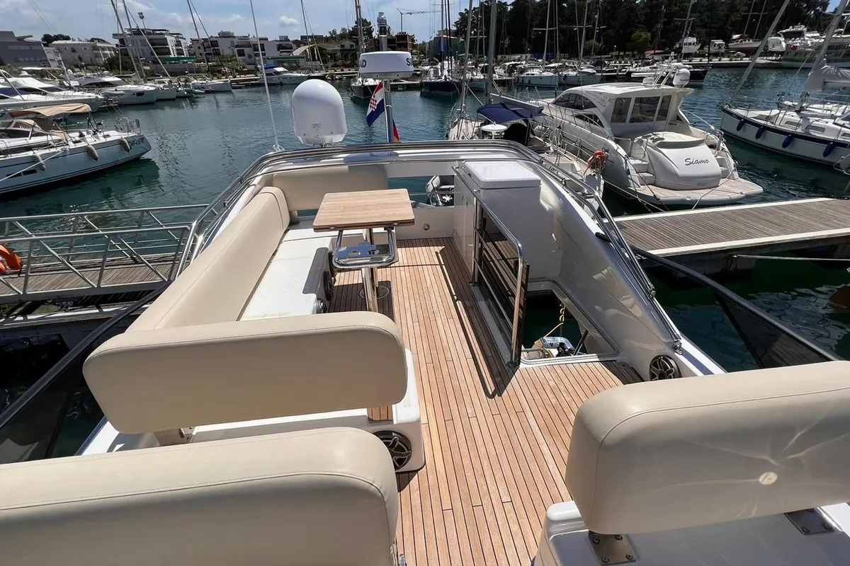 Deck of CALENI, a Bavaria Virtess 420 Fly motorboat at Grad Šibenik, Croatia