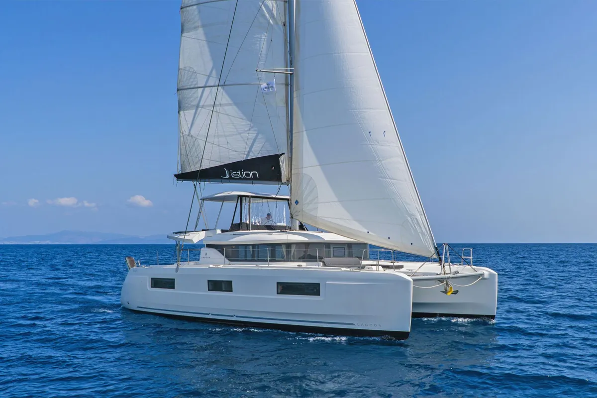 Exterior view of Pnoe, a Lagoon 46 catamaran at Municipal Unit of Lefkada, Greece