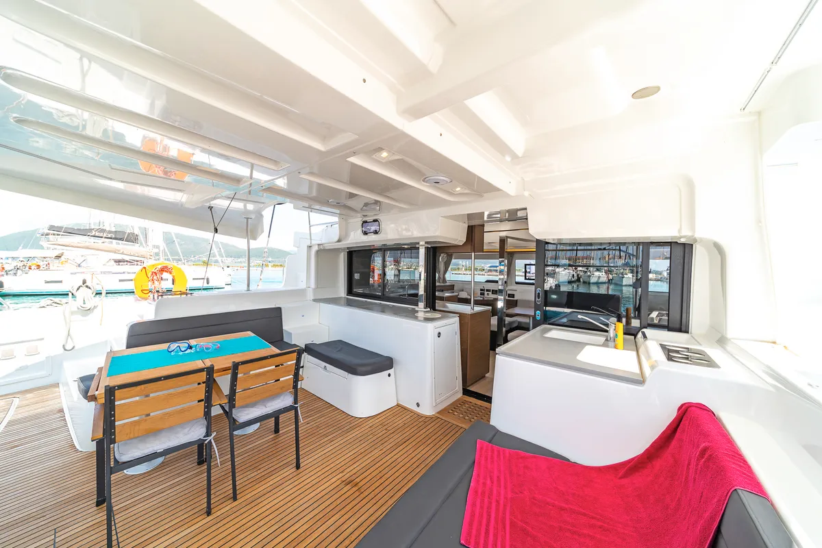 Deck of Pnoe, a Lagoon 46 catamaran at Municipal Unit of Lefkada, Greece