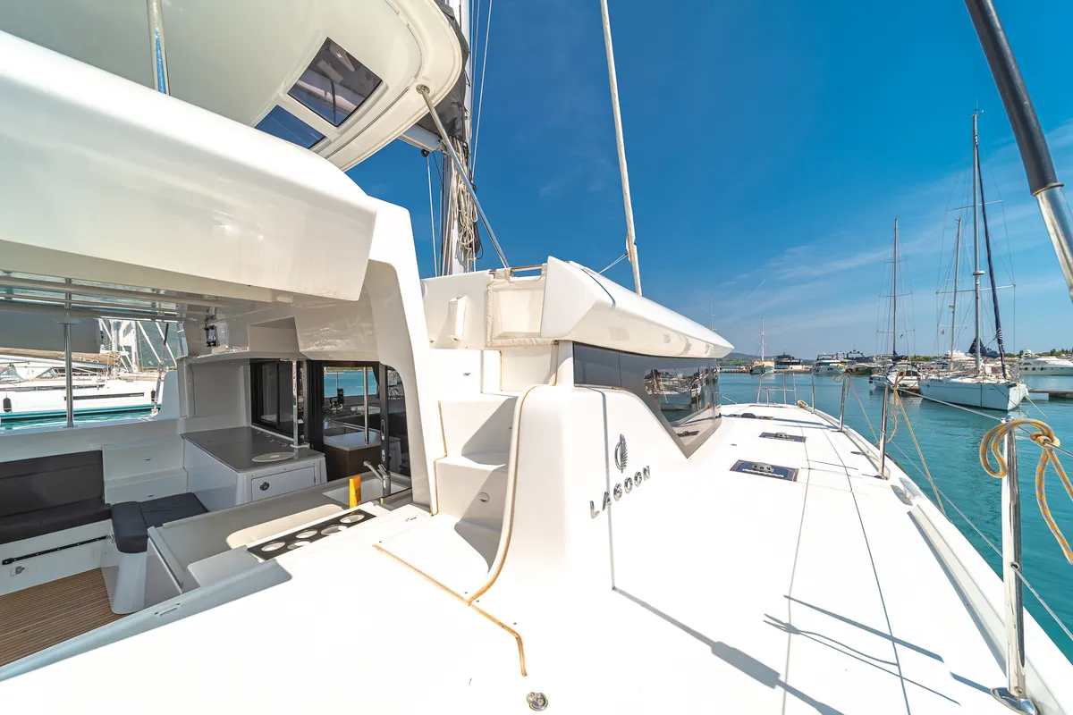 Deck of Pnoe, a Lagoon 46 catamaran at Municipal Unit of Lefkada, Greece