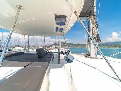 Cockpit of Pnoe, a Lagoon 46 catamaran at Municipal Unit of Lefkada, Greece
