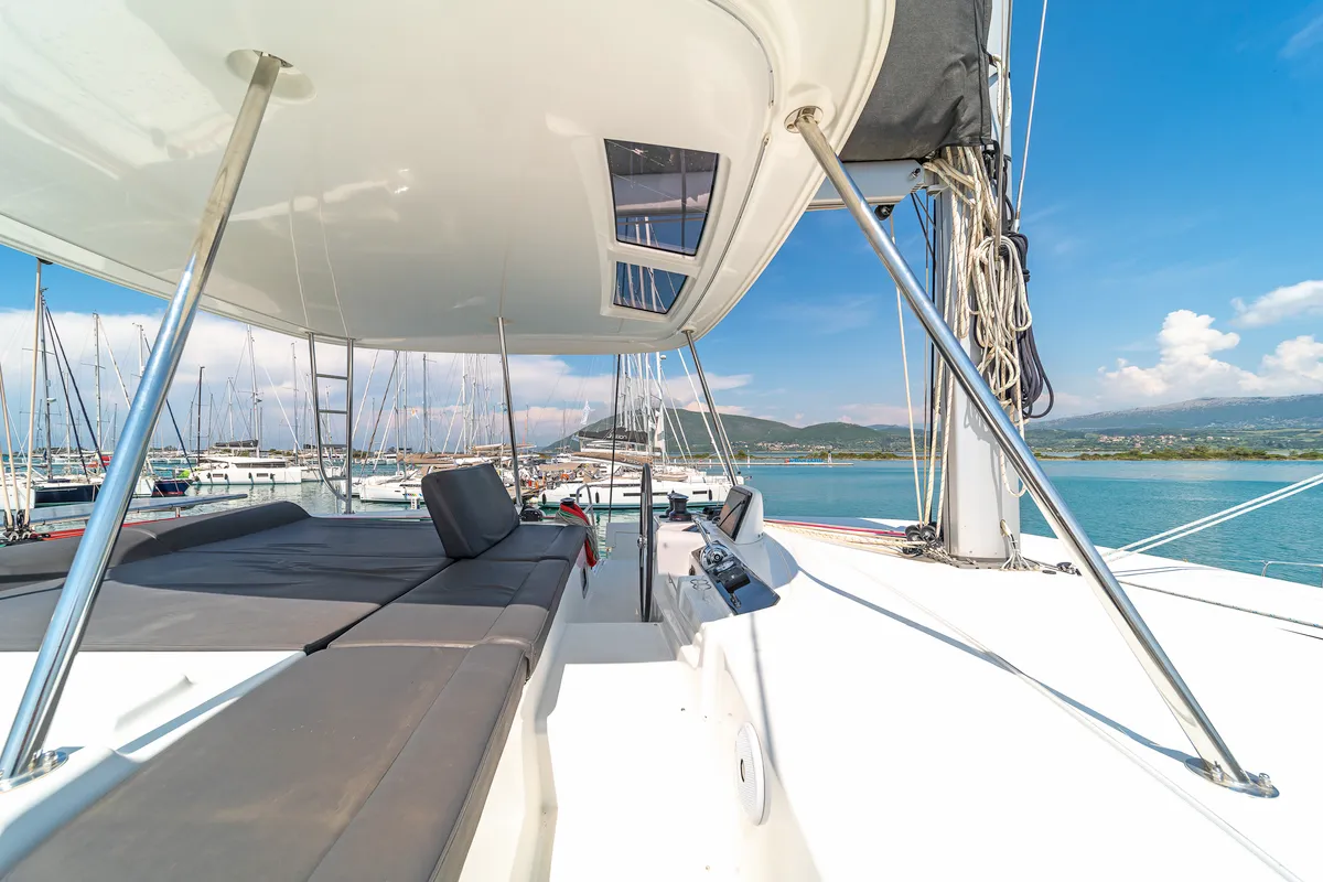 Cockpit of Pnoe, a Lagoon 46 catamaran at Municipal Unit of Lefkada, Greece
