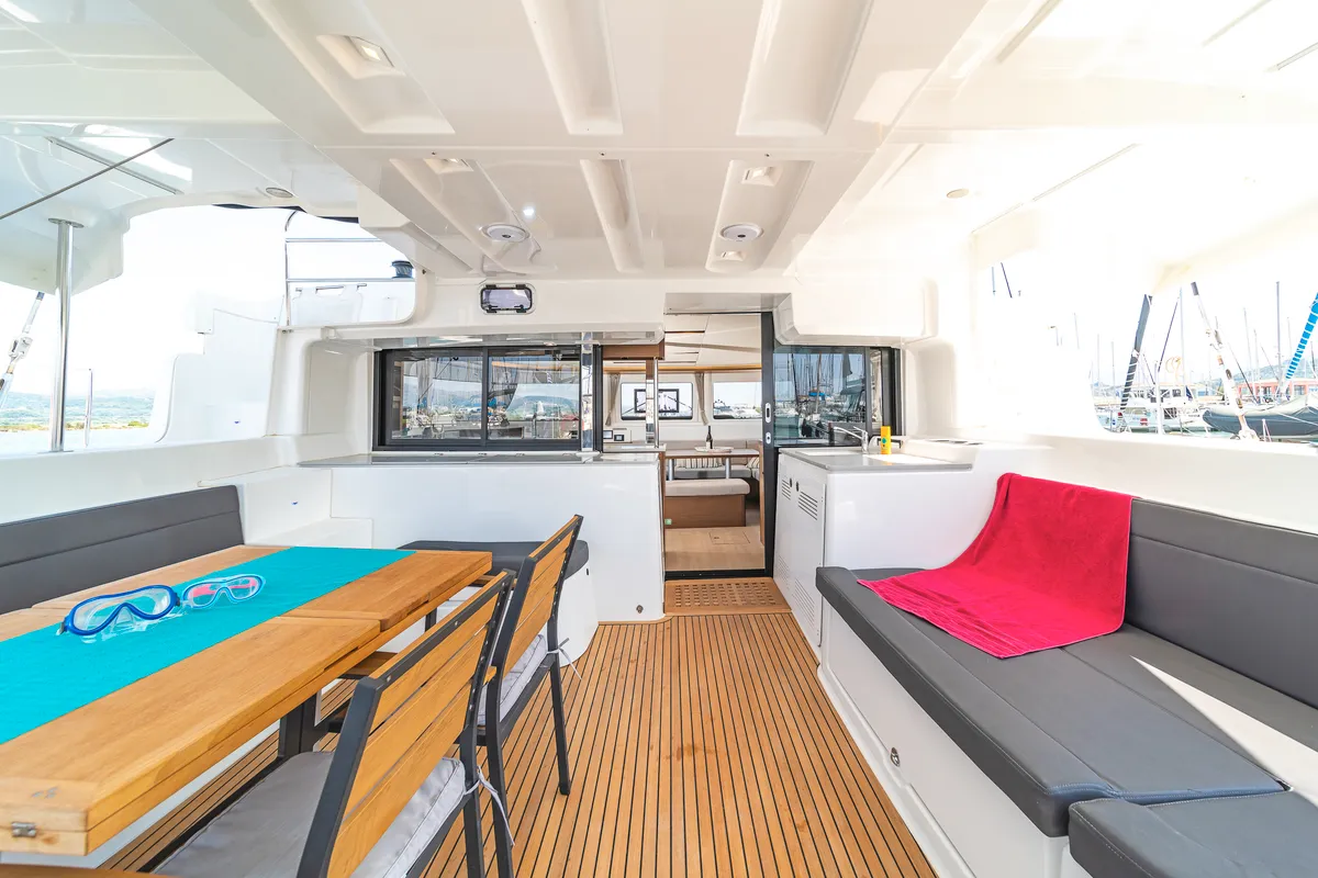 Deck of Pnoe, a Lagoon 46 catamaran at Municipal Unit of Lefkada, Greece