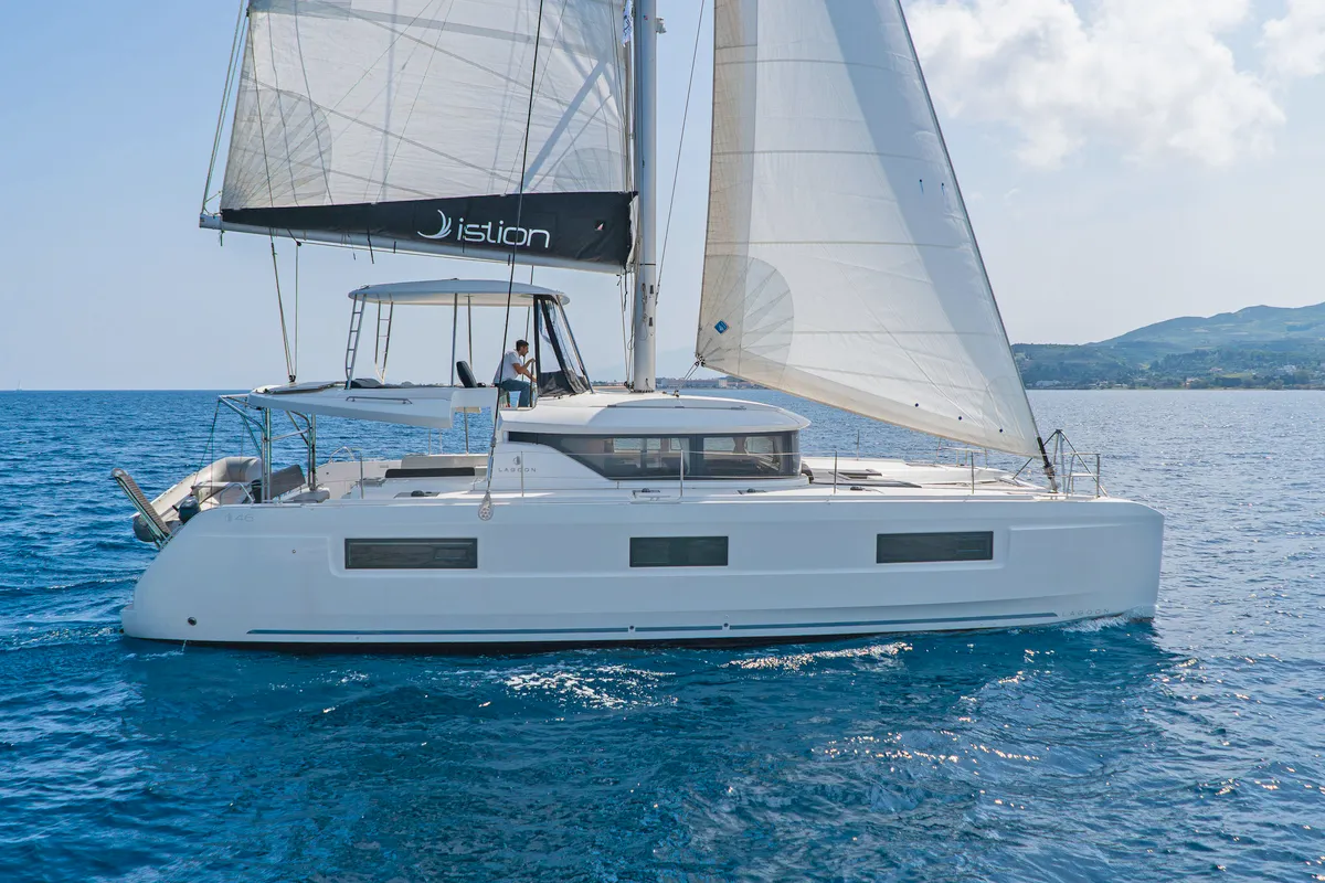 Exterior view of Pnoe, a Lagoon 46 catamaran at Municipal Unit of Lefkada, Greece