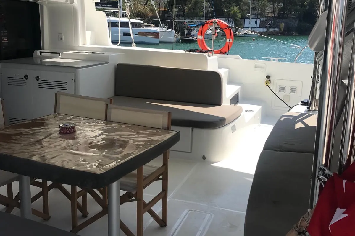 Deck of Shanti, a Lagoon 46 catamaran at Fethiye, Turkey