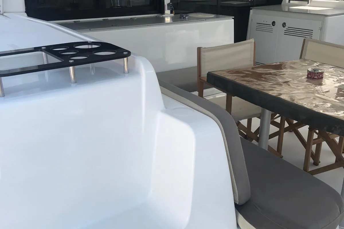 Deck of Shanti, a Lagoon 46 catamaran at Fethiye, Turkey