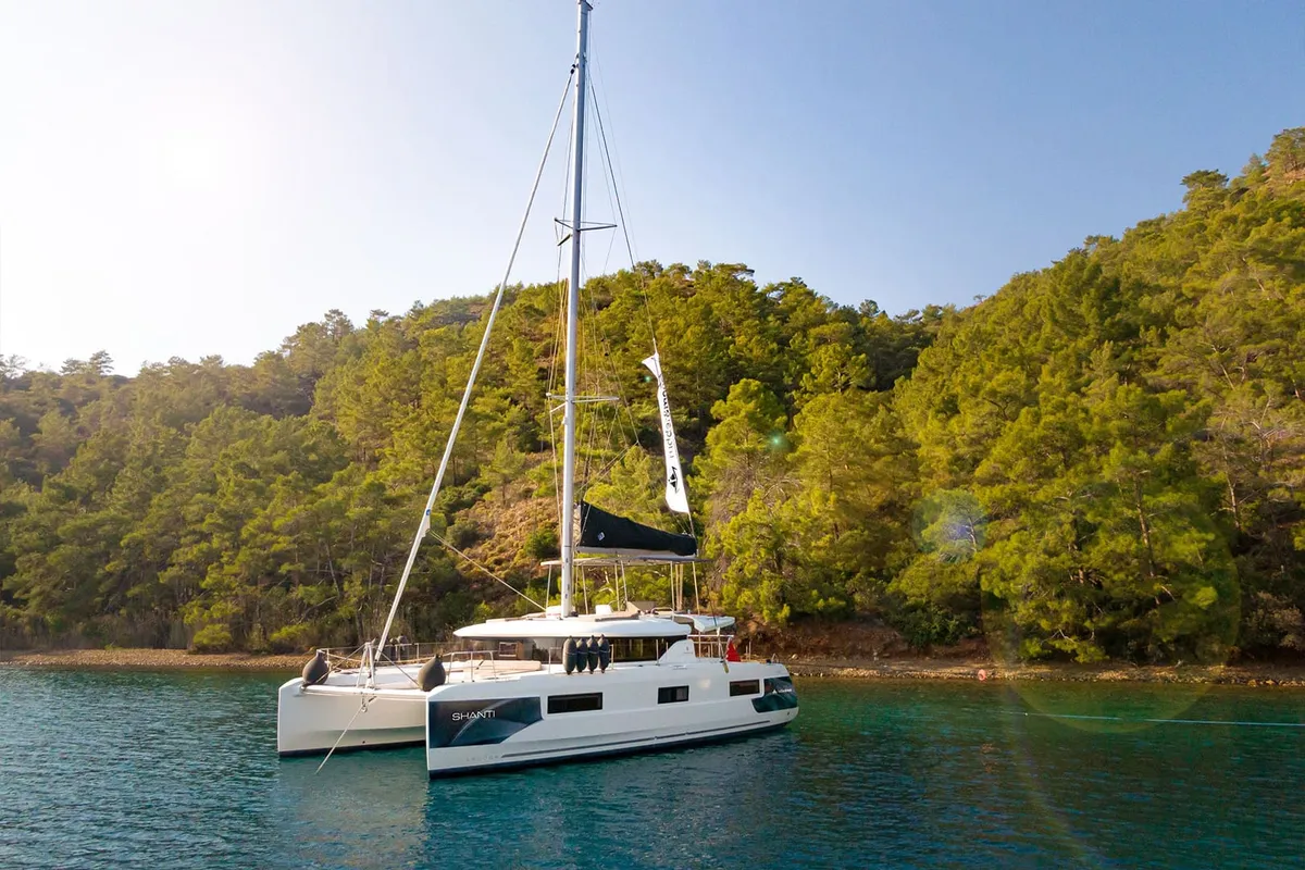 Exterior view of Shanti, a Lagoon 46 catamaran at Fethiye, Turkey