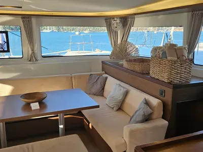 Salon of Shanti, a Lagoon 46 catamaran at Fethiye, Turkey